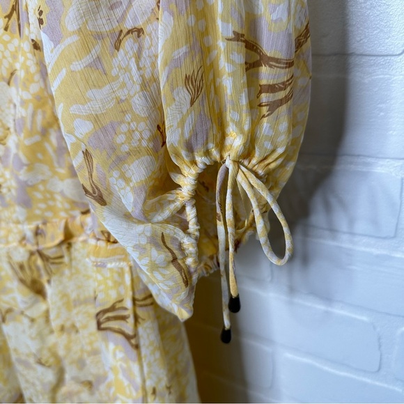 Hello Molly Puff Sleeve Ruched Bodice Dress Botanic Print Yellow sz L NWT - Picture 5 of 7